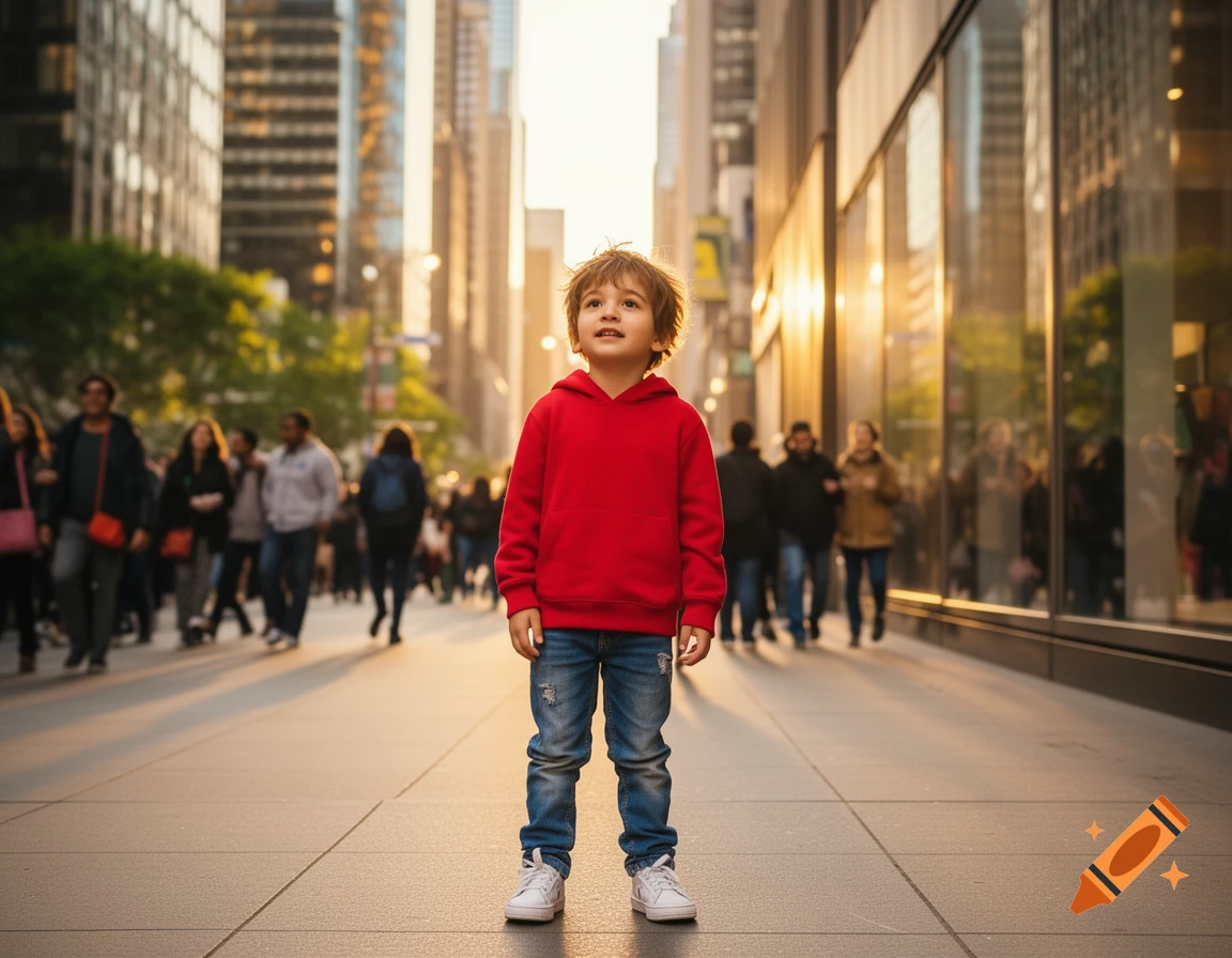 A young boy in a red hoodie and blue jeans stands on a city sidewalk, looking upwards, with blurred people and tall buildings in the background.