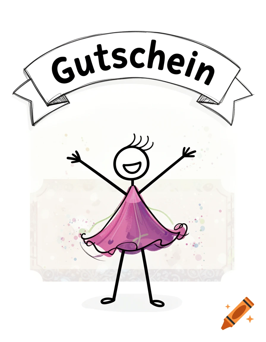 A happy stick figure in a pink dress with arms raised, below a banner that says 'Gutschein'.