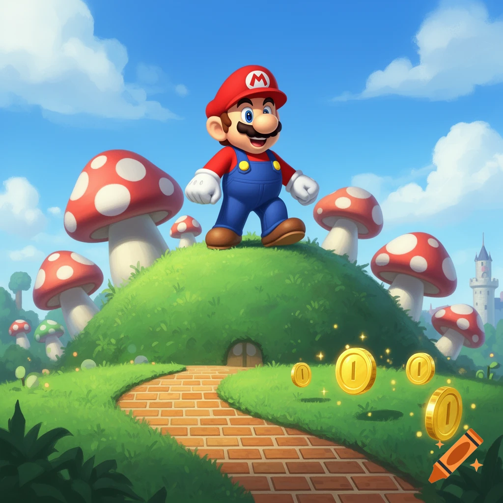Mario stands on a green hill surrounded by red mushrooms, a brick path, and golden coins, with a castle in the background under a blue sky.