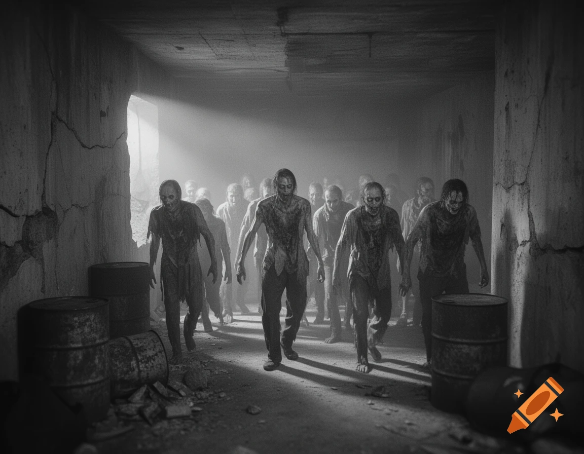 A group of gaunt zombies shuffles through a dark, misty concrete bunker in a black and white, cinematic shot.