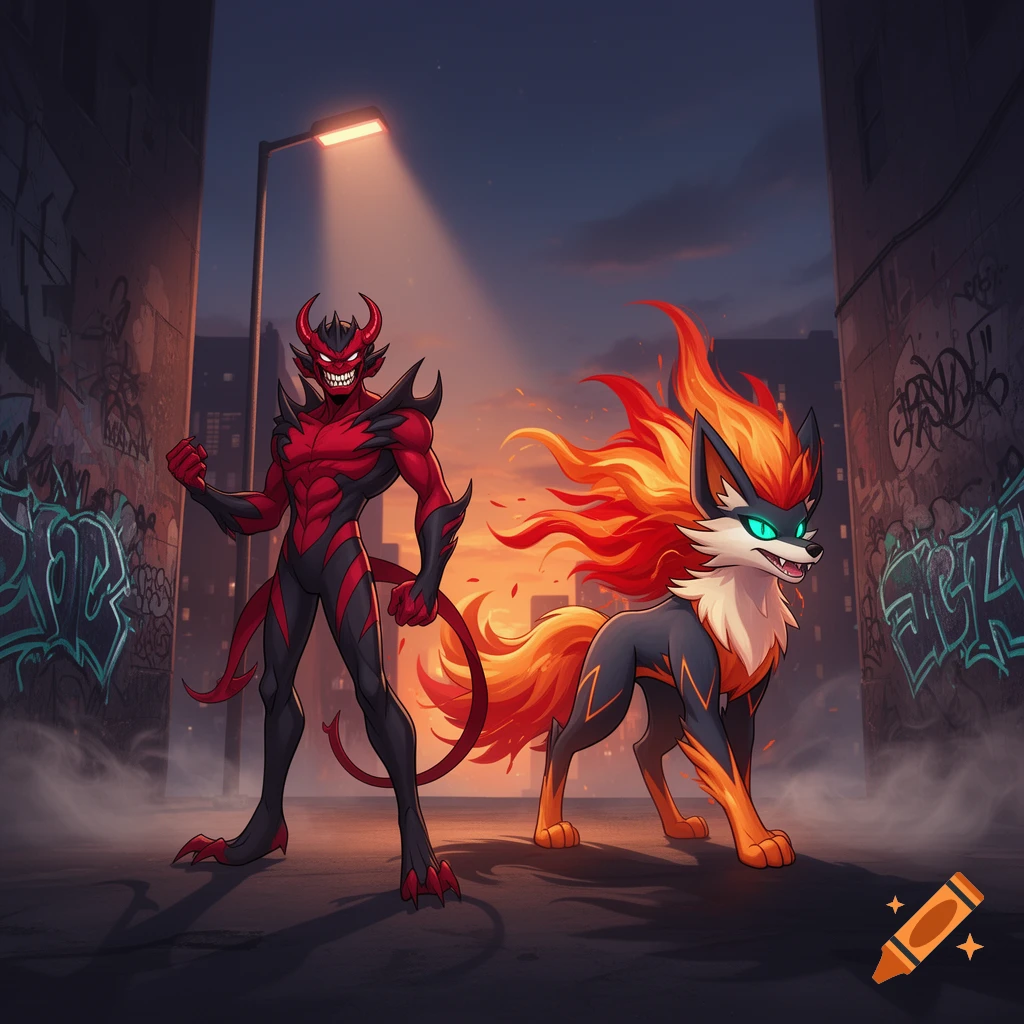 Red devil character and a fiery wolf Pokemon in a graffiti-filled alley at dusk, anime style.