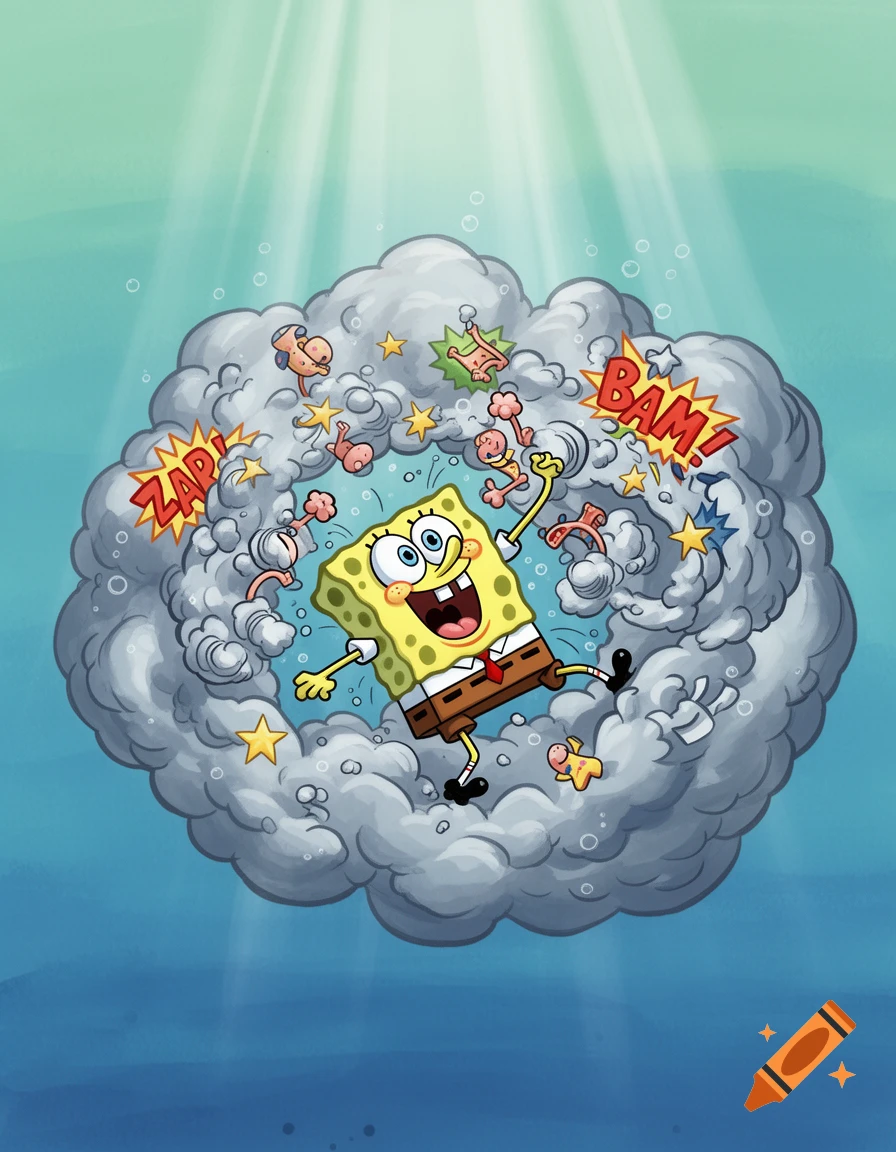 SpongeBob SquarePants with a wide grin, caught in a swirling cartoon fight cloud with 'ZAP!' and 'BAM!' text.