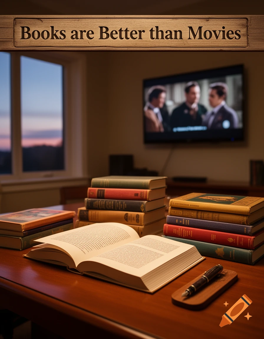A cozy room with stacks of books and an open book on a table, a TV playing in the background, and a sign saying 'Books are Better than Movies'.
