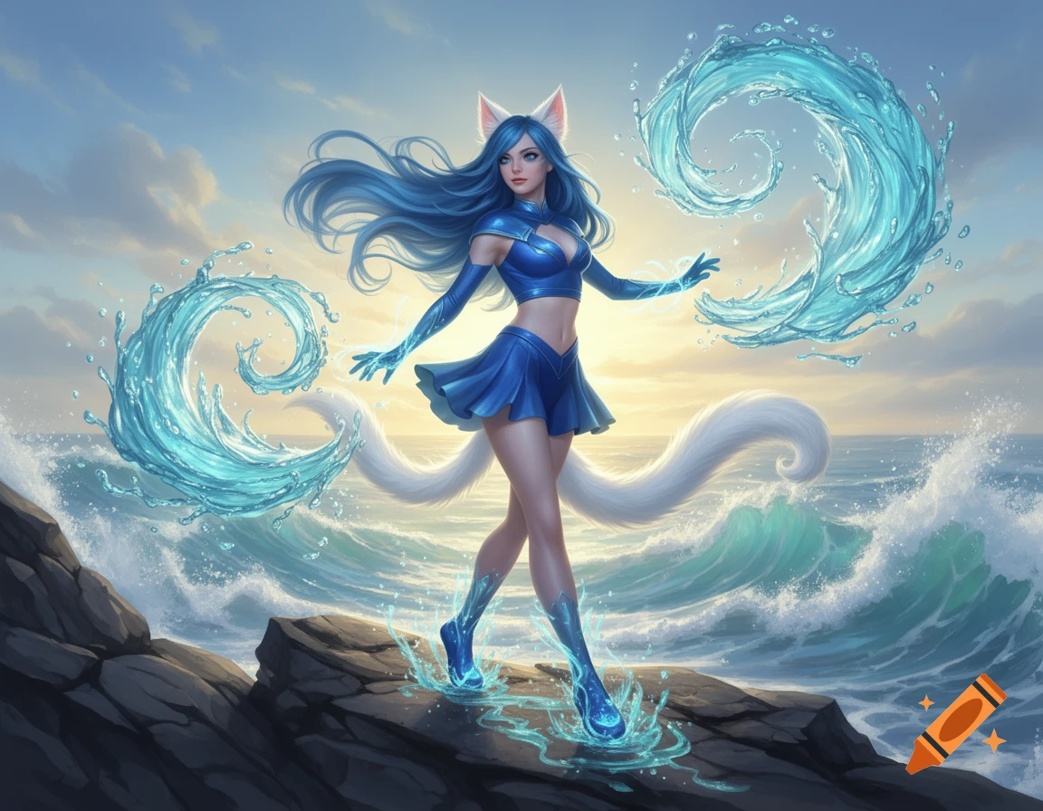 A blue-haired female superhero with cat ears and a tail, in a blue outfit, conjuring water on a rocky coast at sunset.