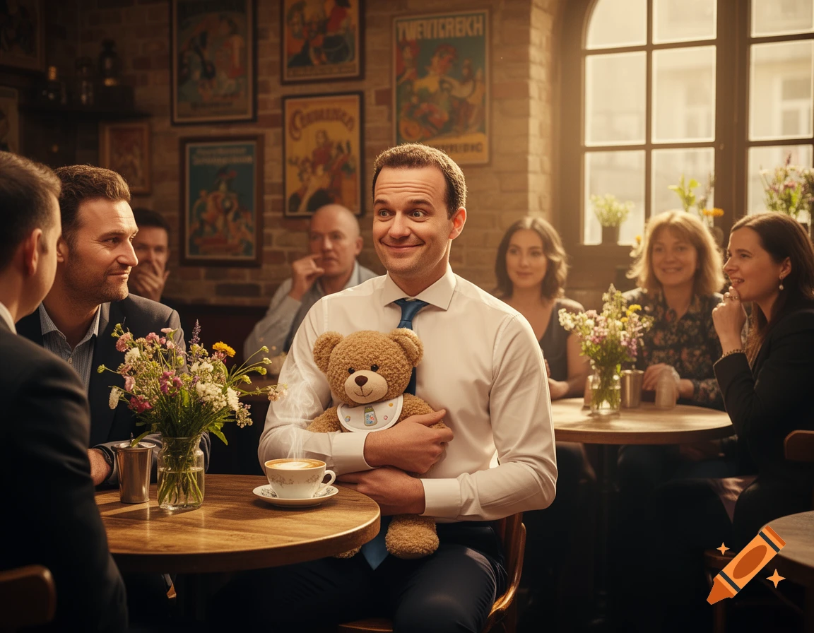 A man in a shirt and tie with an exaggerated smile holds a teddy bear with a bib in a cozy cafe, surrounded by people.