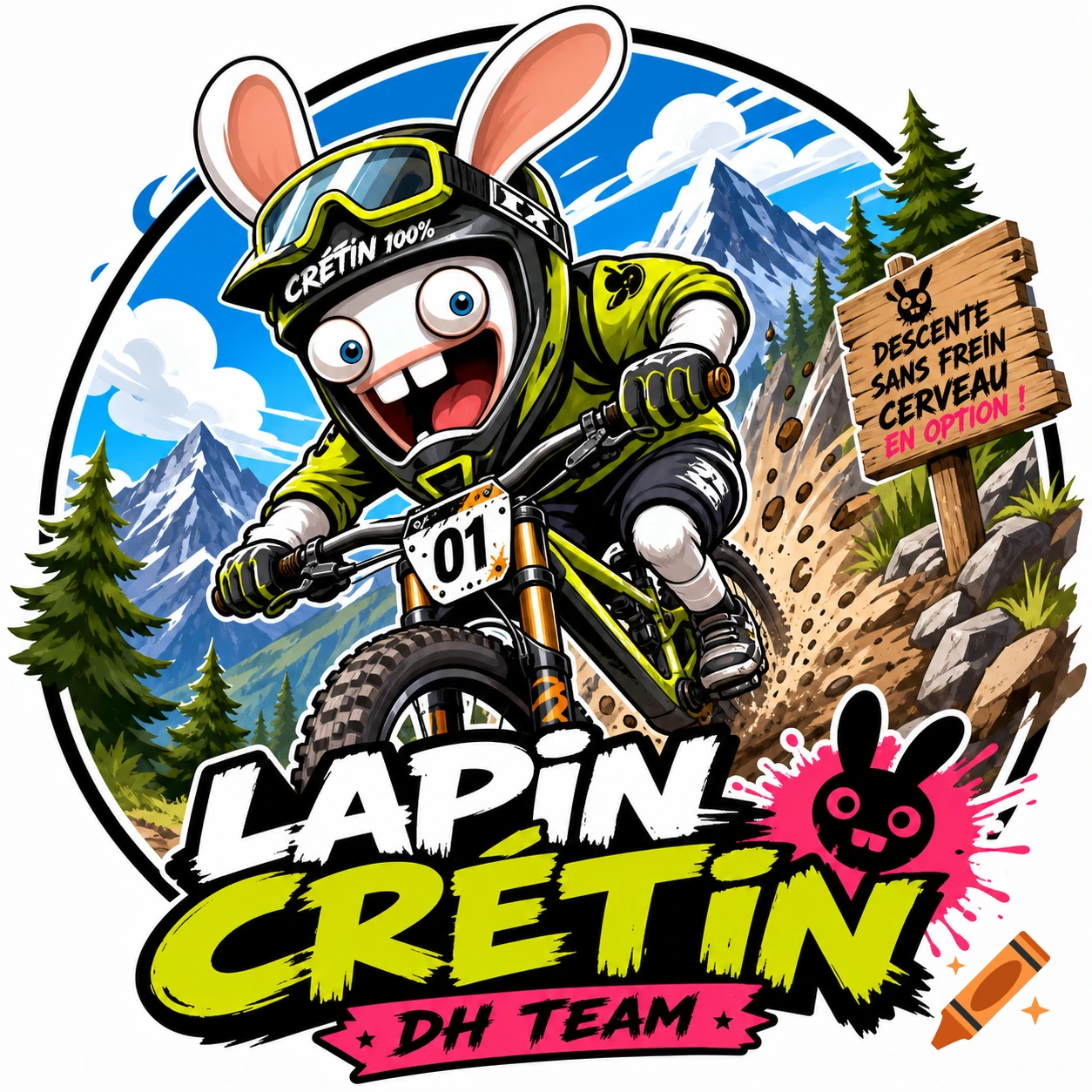A cartoon logo featuring a white Raving Rabbid in a yellow and black downhill mountain biking suit, goggles, and helmet, racing down a dirt trail in front of mountains. Text reads "Lapin Crétin DH Team" and "Descente Sans Frein Cerveau En Option!"