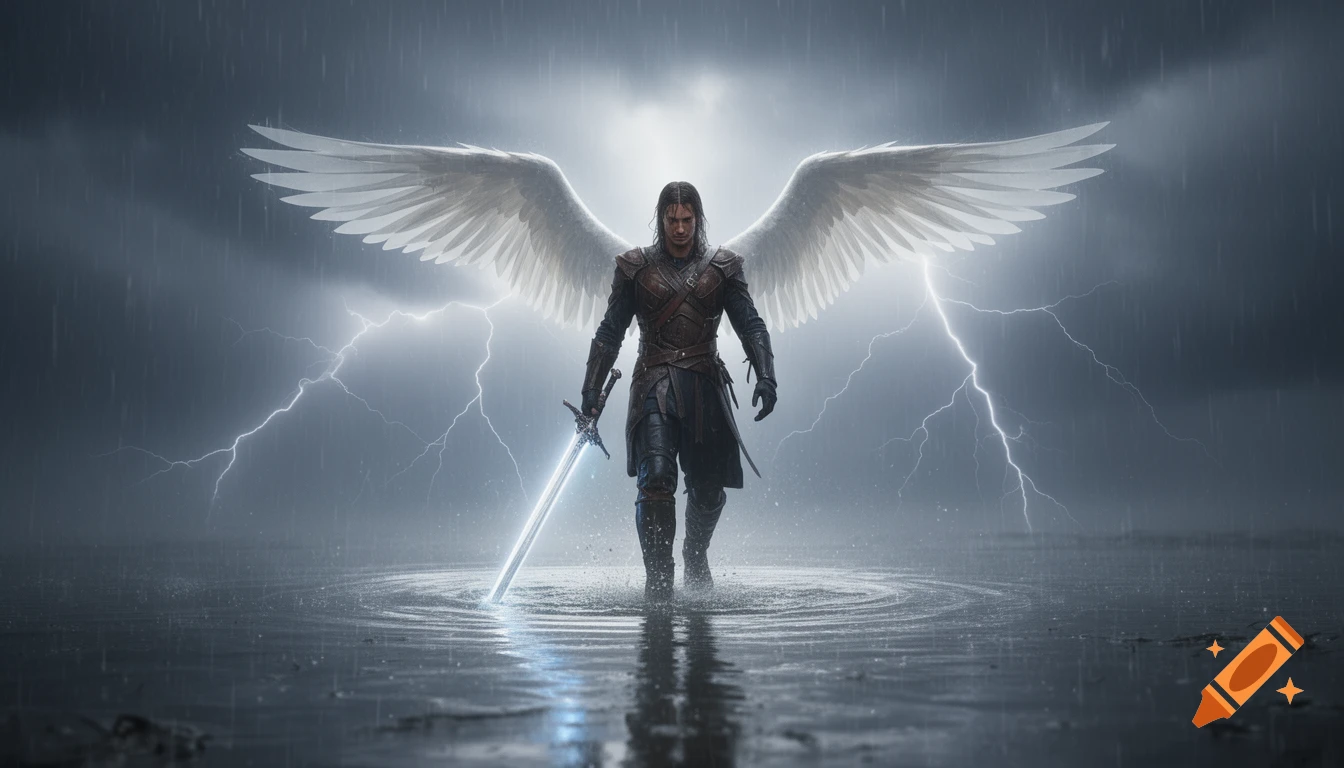 A majestic winged figure in dark armor holds a glowing sword, walking through shallow water under a dramatic, stormy sky with bolts of lightning and heavy rain, photorealistic.