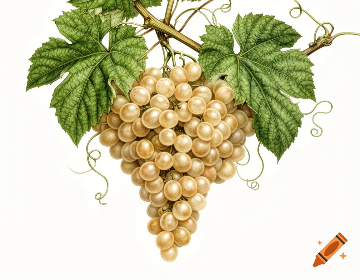 Artistic drawing of a cluster of golden-beige grapes with green leaves and tendrils on a white background.
