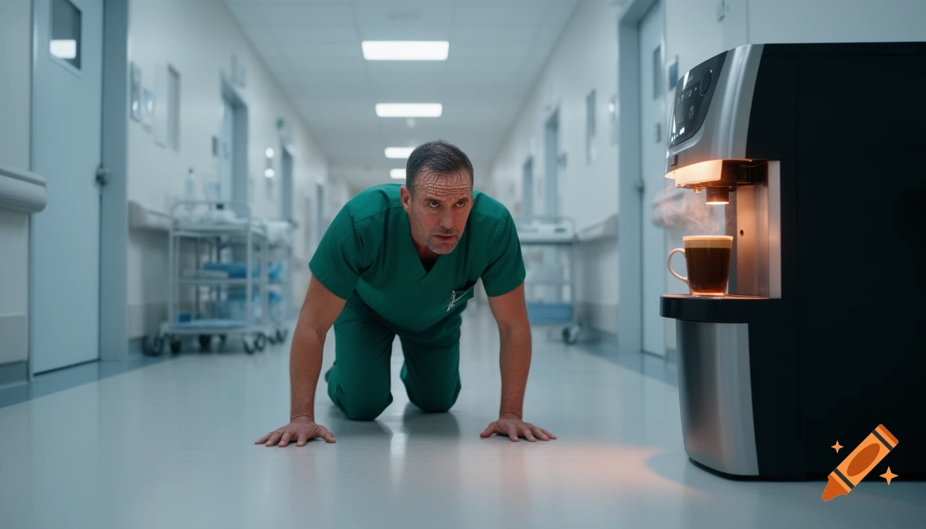 Man in green scrubs crawling exhausted towards a steaming coffee machine in a hospital hallway.