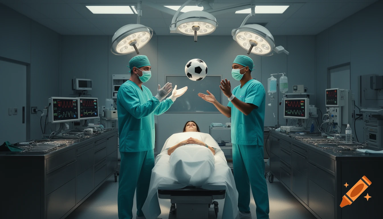 Two surgeons in a brightly lit operating room playfully juggle a soccer ball over a patient lying on a surgical table, surrounded by medical equipment.