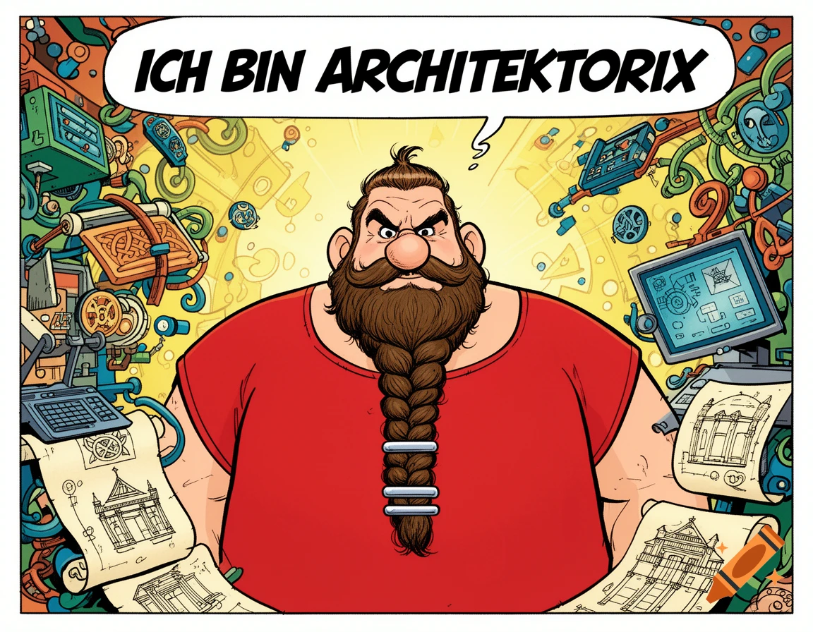 A cartoon man with a long braided beard and a red shirt stands amidst architectural blueprints and retro tech in a comic book style. A speech bubble reads 'ICH BIN ARCHITEKTORIX'.