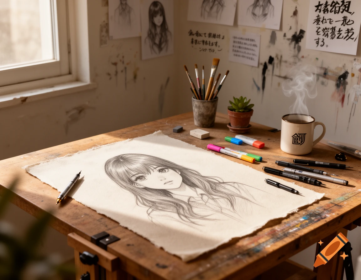 An artist's wooden desk with a pencil drawing of an anime girl, pens, markers, brushes, a steaming coffee mug, and papers on the wall.