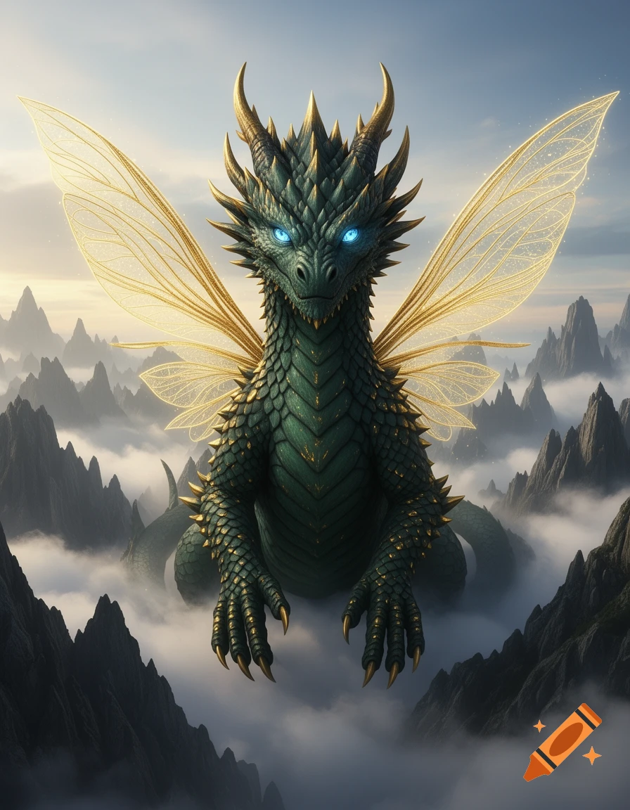 A realistic dark green dragon with golden-tipped scales, ice blue eyes, and shimmering golden fairy wings floats above clouds with mountains.