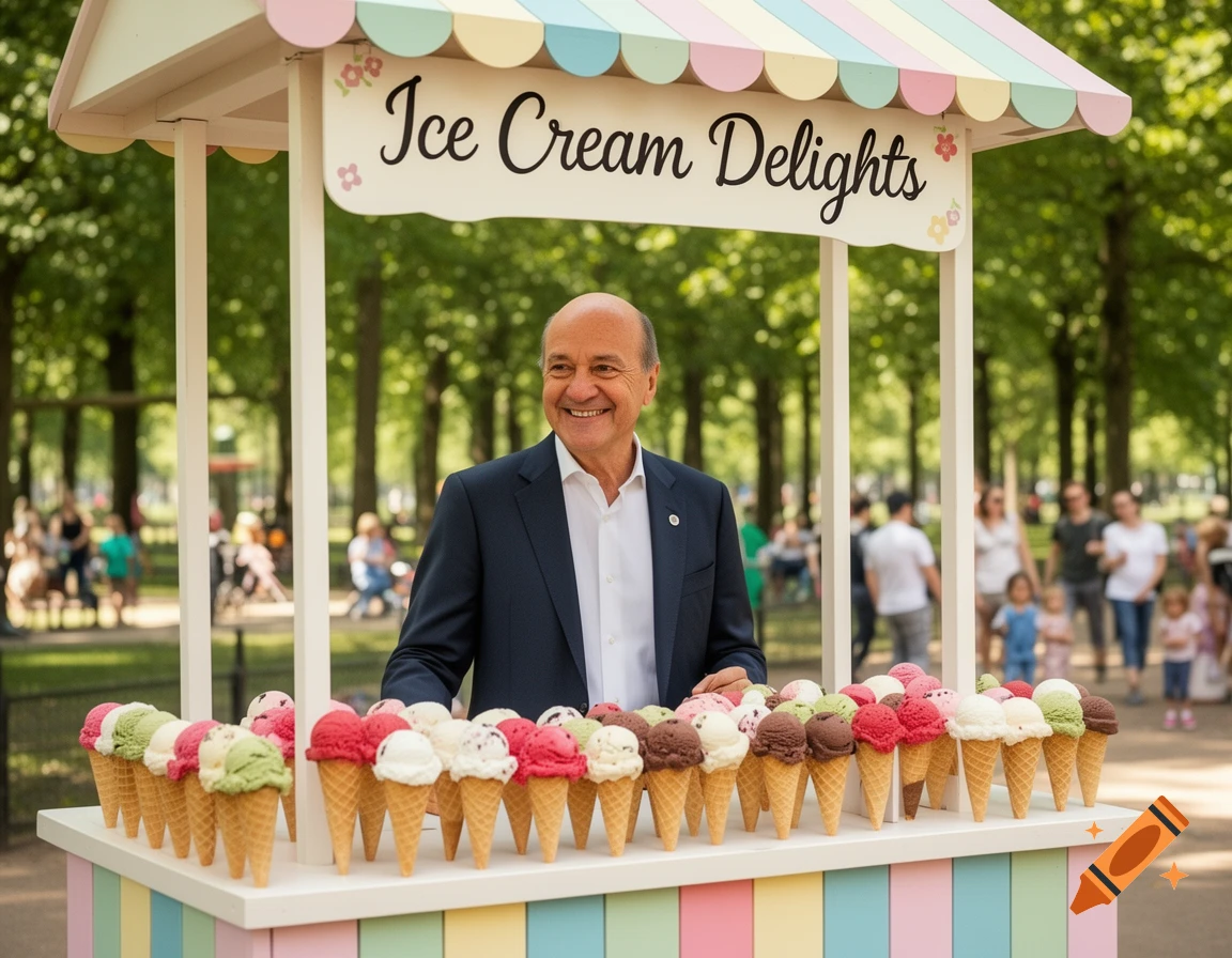 A smiling man stands behind a colorful ice cream stand displaying many ice cream cones in a sunny park.