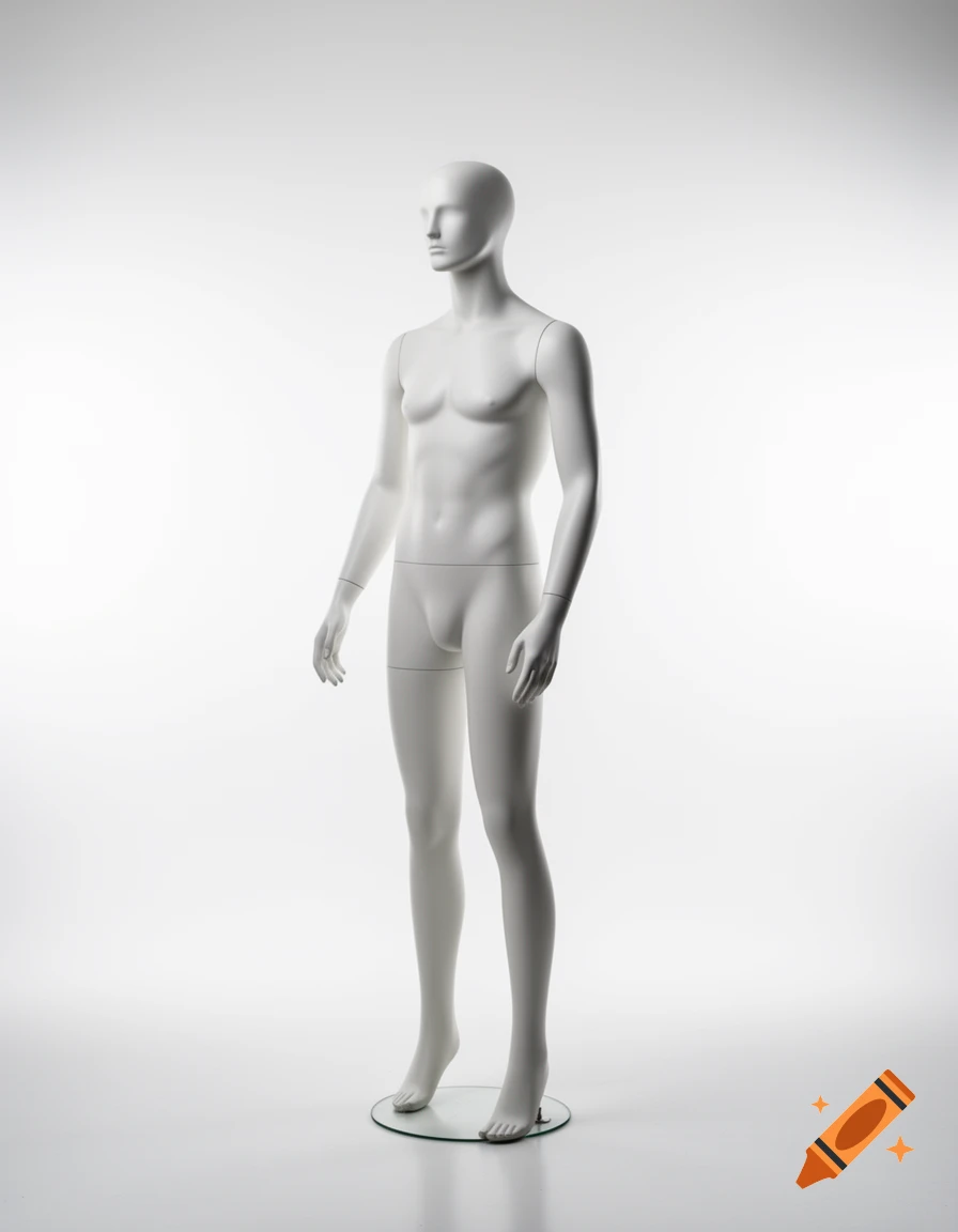 A white, male mannequin stands in a simple pose on a reflective surface against a bright white background.