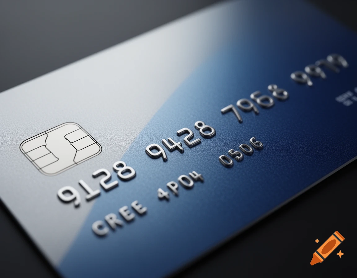 Close-up shot of a blue and silver credit card with embossed numbers and a chip.