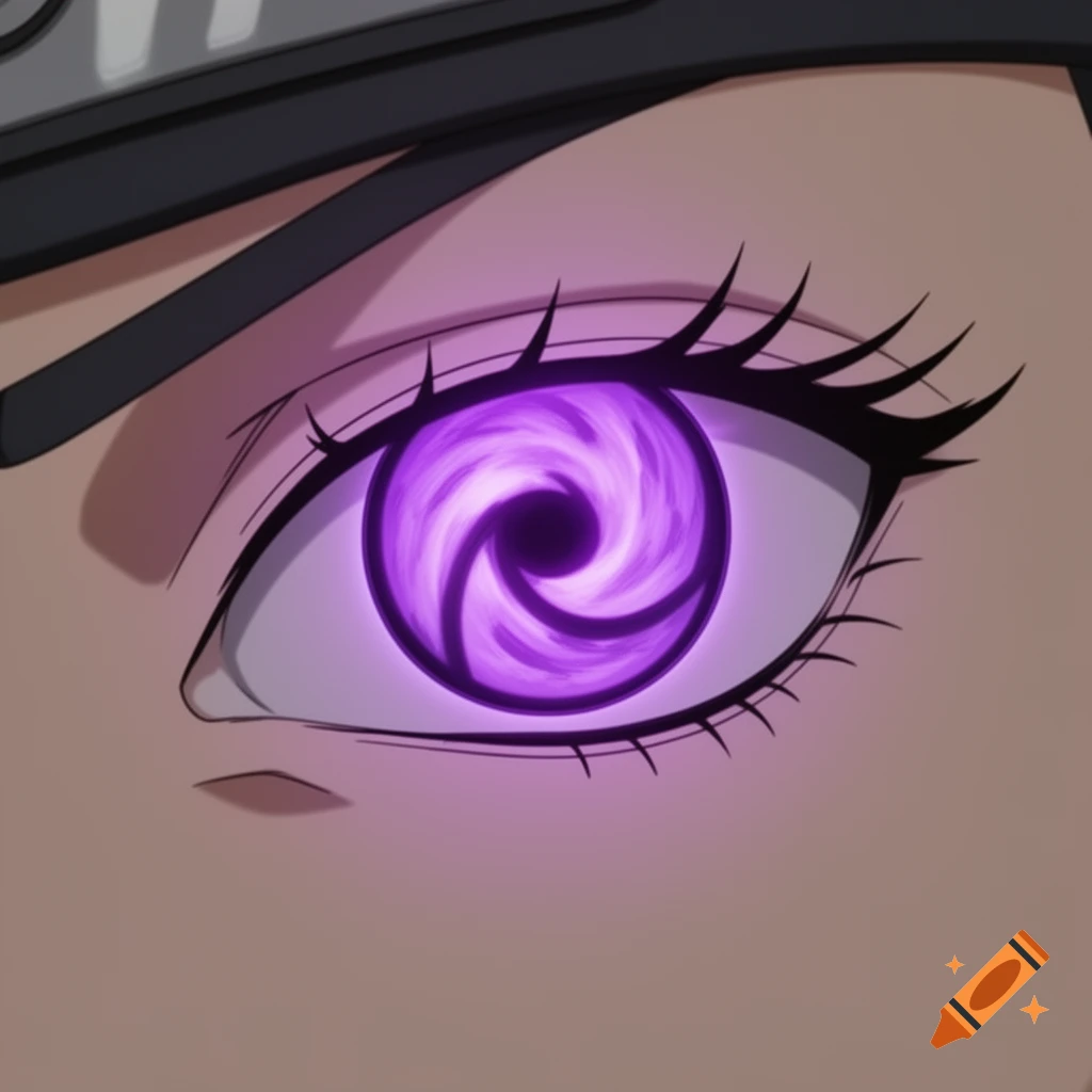Close-up of an anime-style eye with a bright purple, swirling iris resembling a Mangekyo Sharingan.