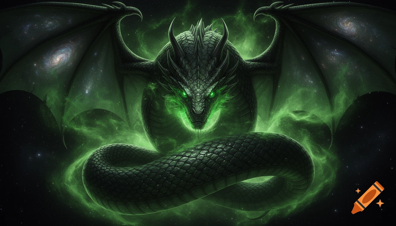 A colossal dark green cosmic serpent god with massive dragon-like wings, glowing emerald eyes, and a coiled body surrounded by green mist and stardust in deep space.