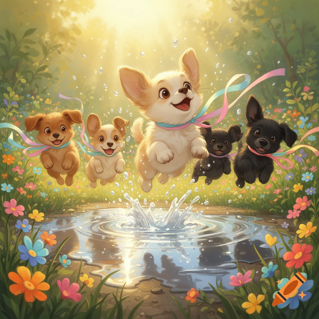 Five cute cartoon puppies with colorful ribbons jump over a puddle, splashing water in a bright, flower-filled meadow.