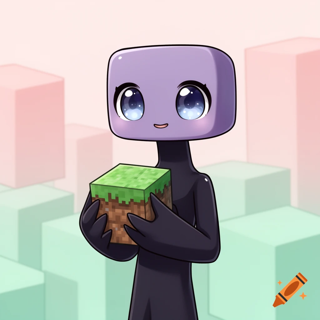 A cute, purple-headed Enderman from Minecraft with big shiny eyes holds a grass block. Soft, pastel geometric shapes in the background.