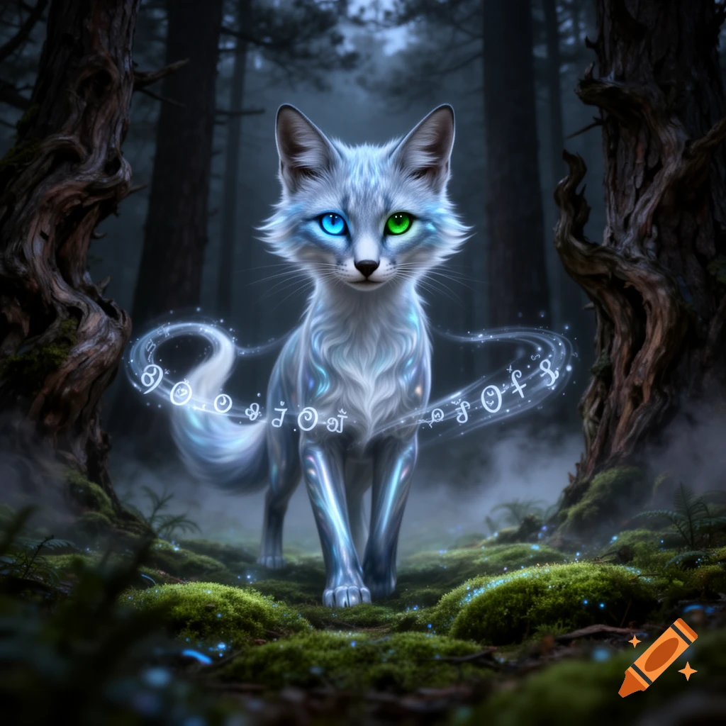 A glowing white fox-like creature with heterochromatic eyes (blue and green) stands in a dark, misty forest, surrounded by floating magical runes.