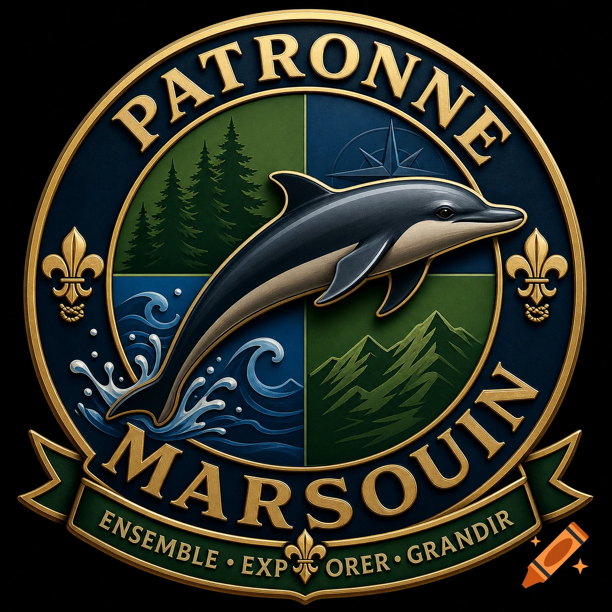 Ornate gold and blue logo featuring a dolphin, waves, trees, mountains, a compass, and fleur-de-lis with text 'PATRONNE MARSOUIN' and 'ENSEMBLE  EXPLORER  GRANDIR'.