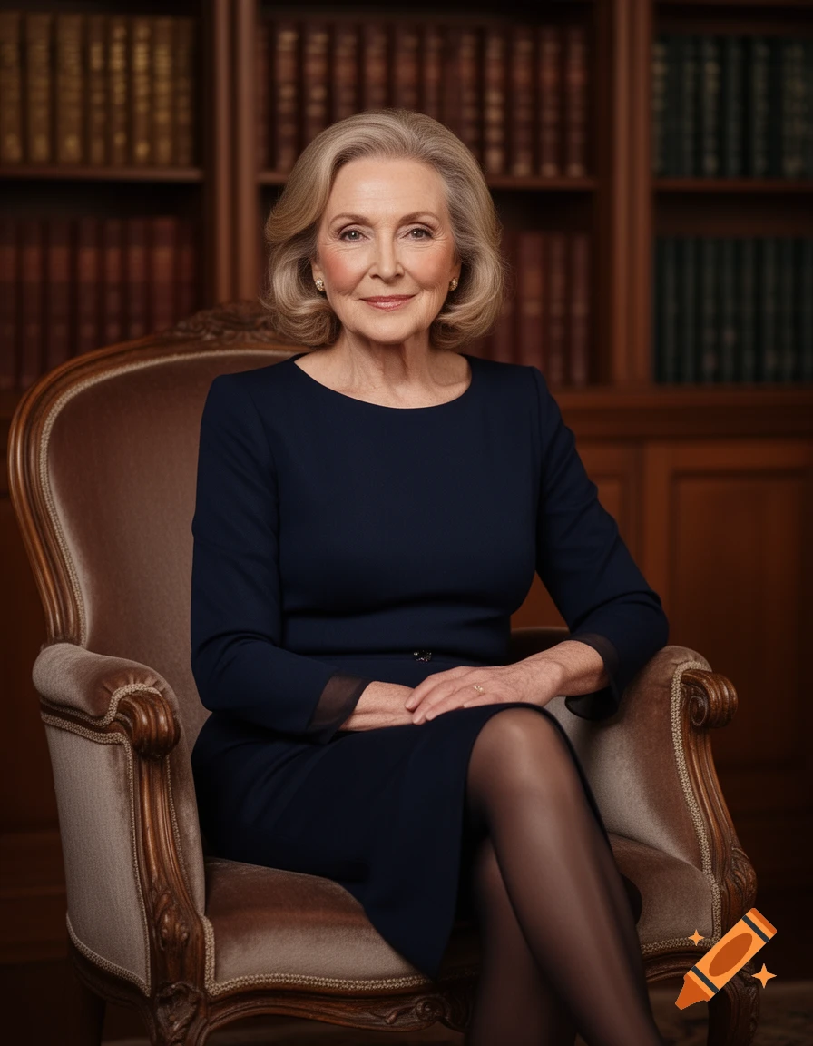 A formal portrait of an older woman with blonde hair, wearing a navy dress and stockings, seated in an ornate chair in front of a bookshelf.