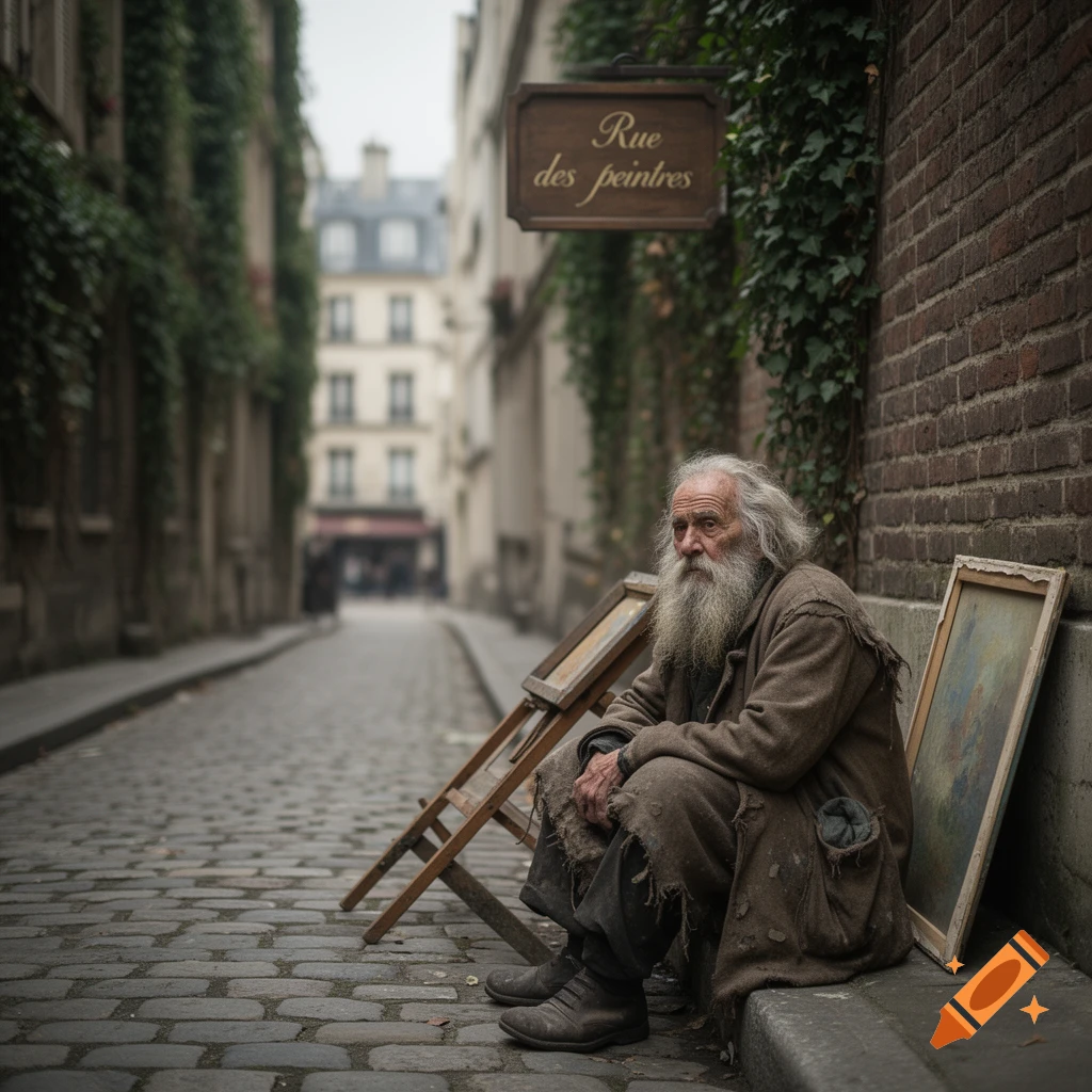 A photorealistic image of an old man with a long white beard, dressed in ragged clothes, sitting on a cobblestone street next to an easel and painting, under a 'Rue des peintres' sign.