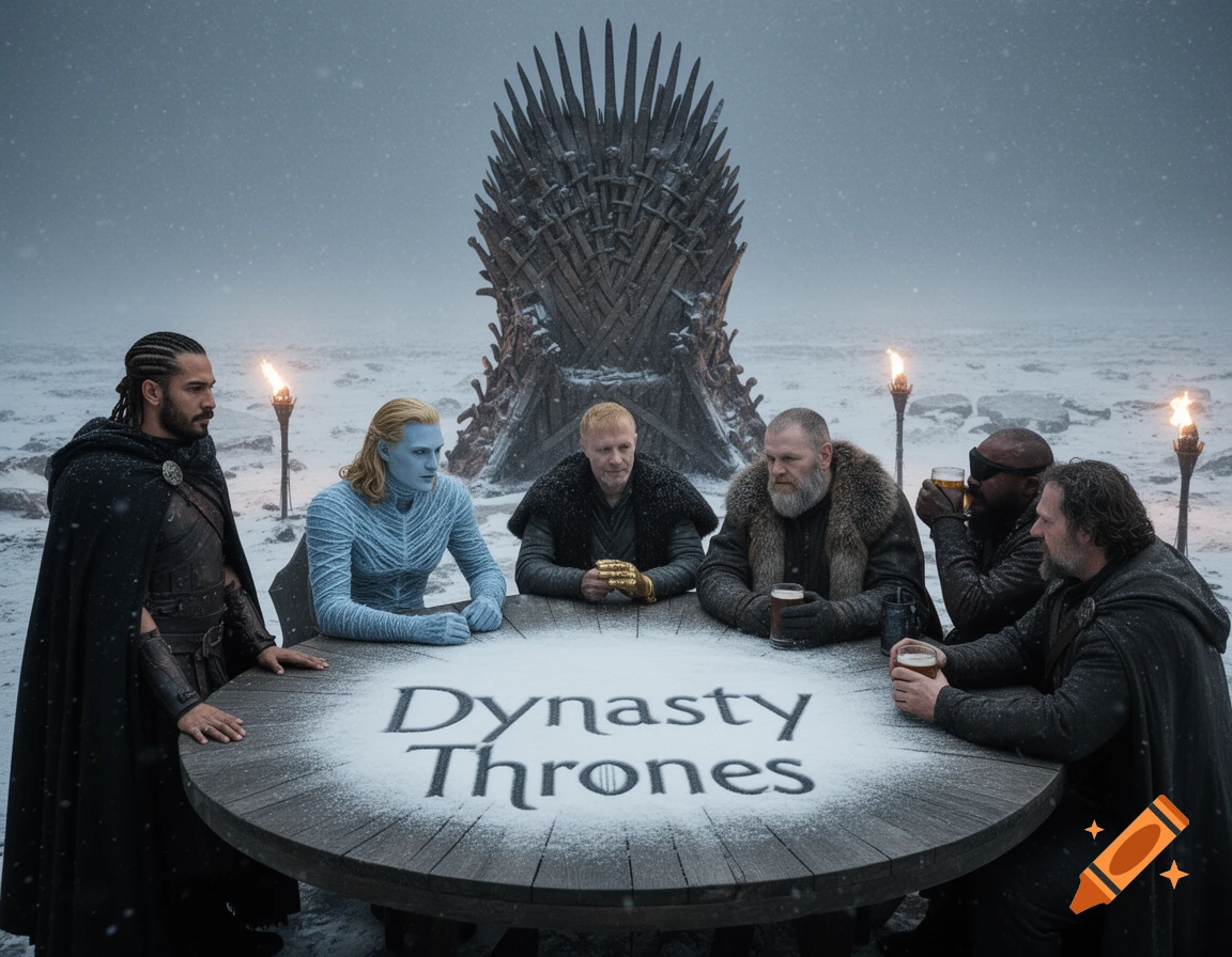 Fantasy characters, including a blue-faced figure and a man with braids, sit around a snowy table with "Dynasty Thrones" written on it, with the Iron Throne in the snowy background.