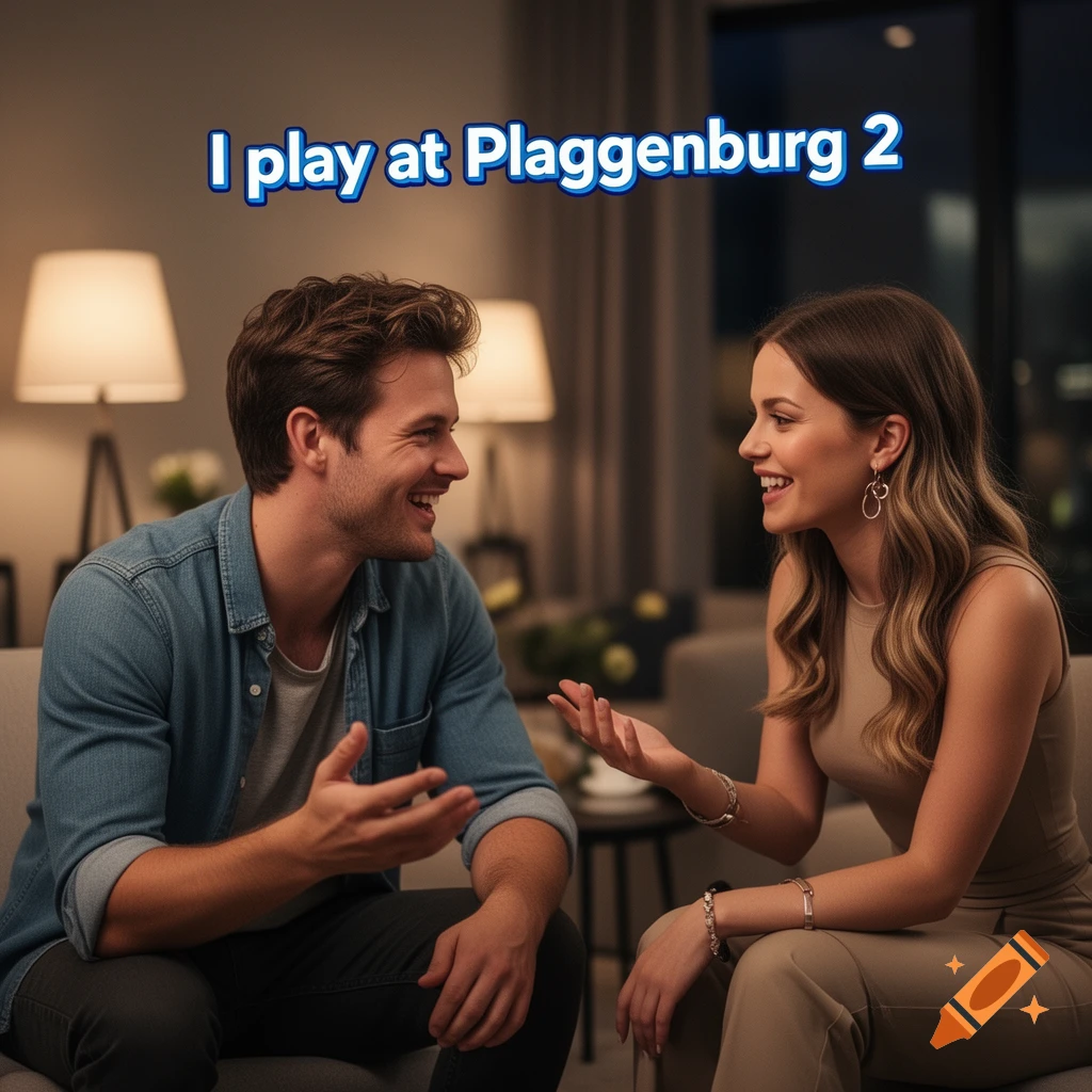 A man and a woman in casual attire are smiling and talking, sitting on a sofa in a modern living room. Text overlay reads "I play at Plaggenburg 2".