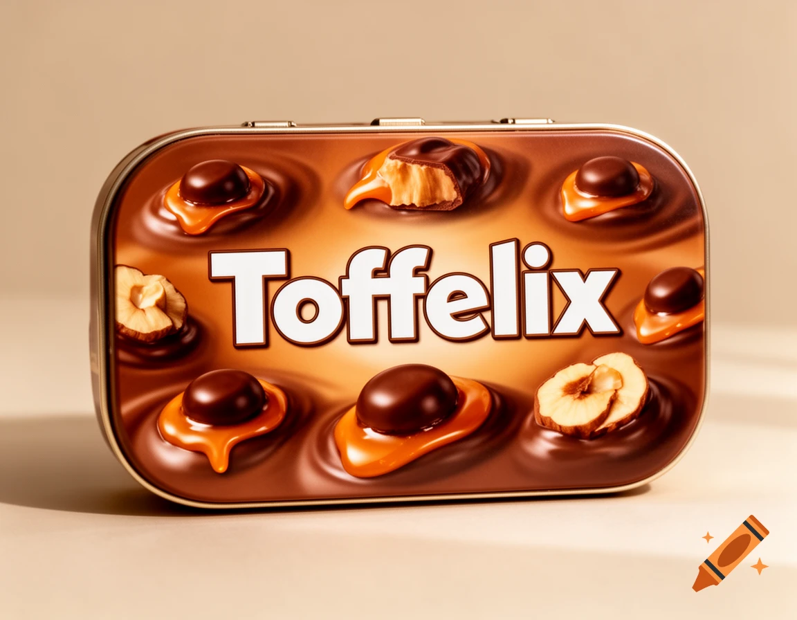 A photorealistic close-up of an oval candy tin with 'Toffelix' written on it, decorated with chocolates, caramel, and hazelnuts.