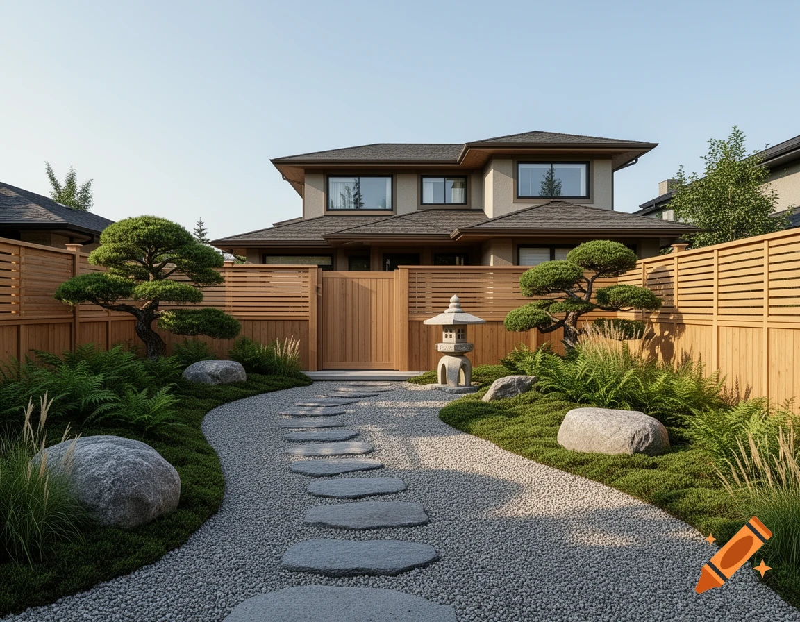 A photorealistic Japanese garden with a gravel path, stepping stones, rocks, trees, and a stone lantern in front of a modern house.