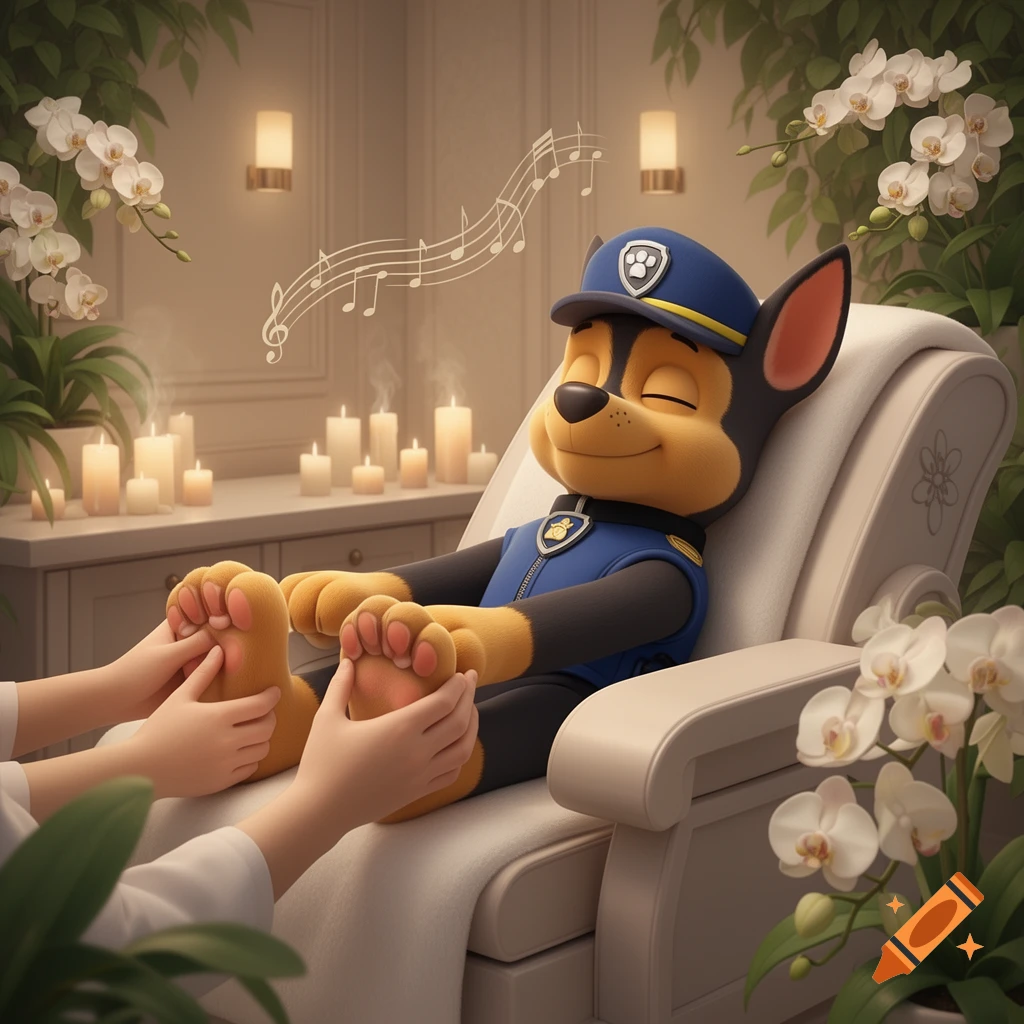 Cartoon character Chase from Paw Patrol relaxes in a spa chair while receiving a foot massage, with candles and orchids.