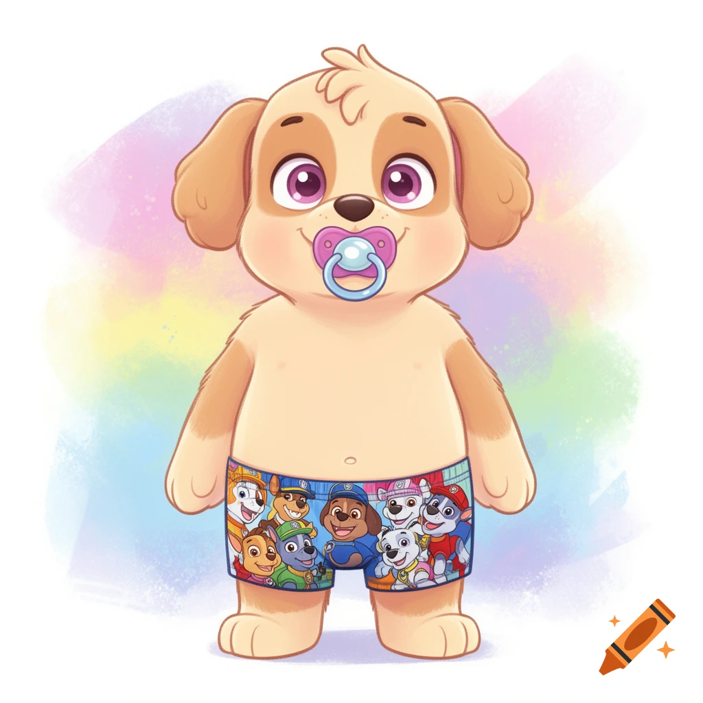 A cartoon puppy wearing Paw Patrol print shorts and a blue pacifier stands against a pastel watercolor background.