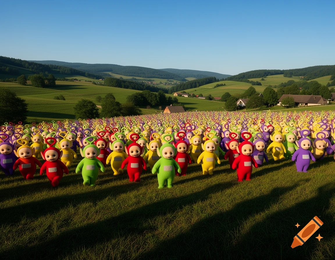 Hundreds of colorful Teletubbies in a vast green field under a clear blue sky, with rolling hills and houses in the background.