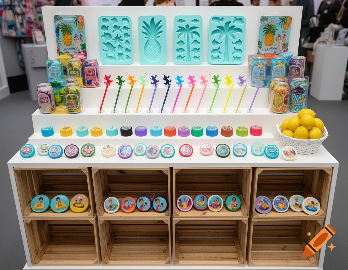 A vibrant summer product display at a trade fair featuring silicone molds, colorful drink accessories, branded cans, and a basket of lemons.