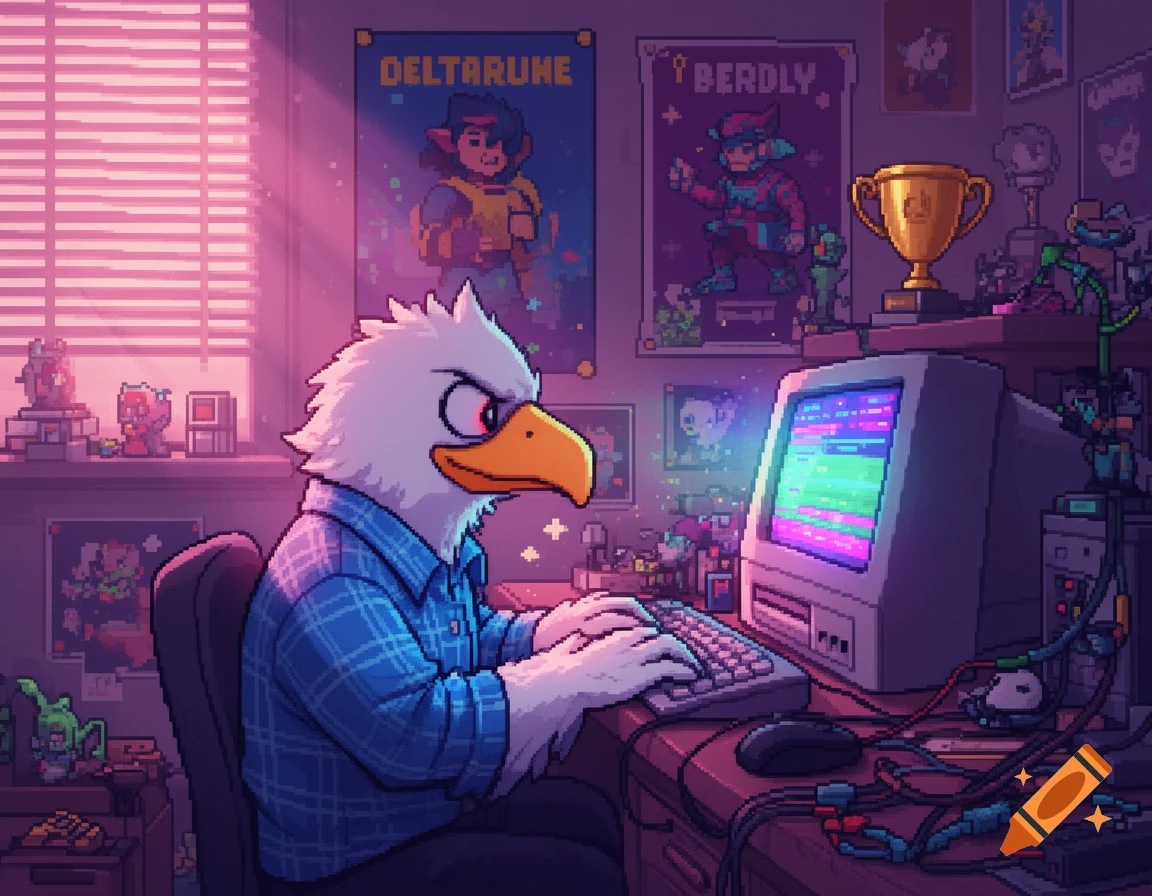 An anthropomorphic eagle character in a blue plaid shirt intensely games at a retro computer setup in a pixel art style room with game posters.