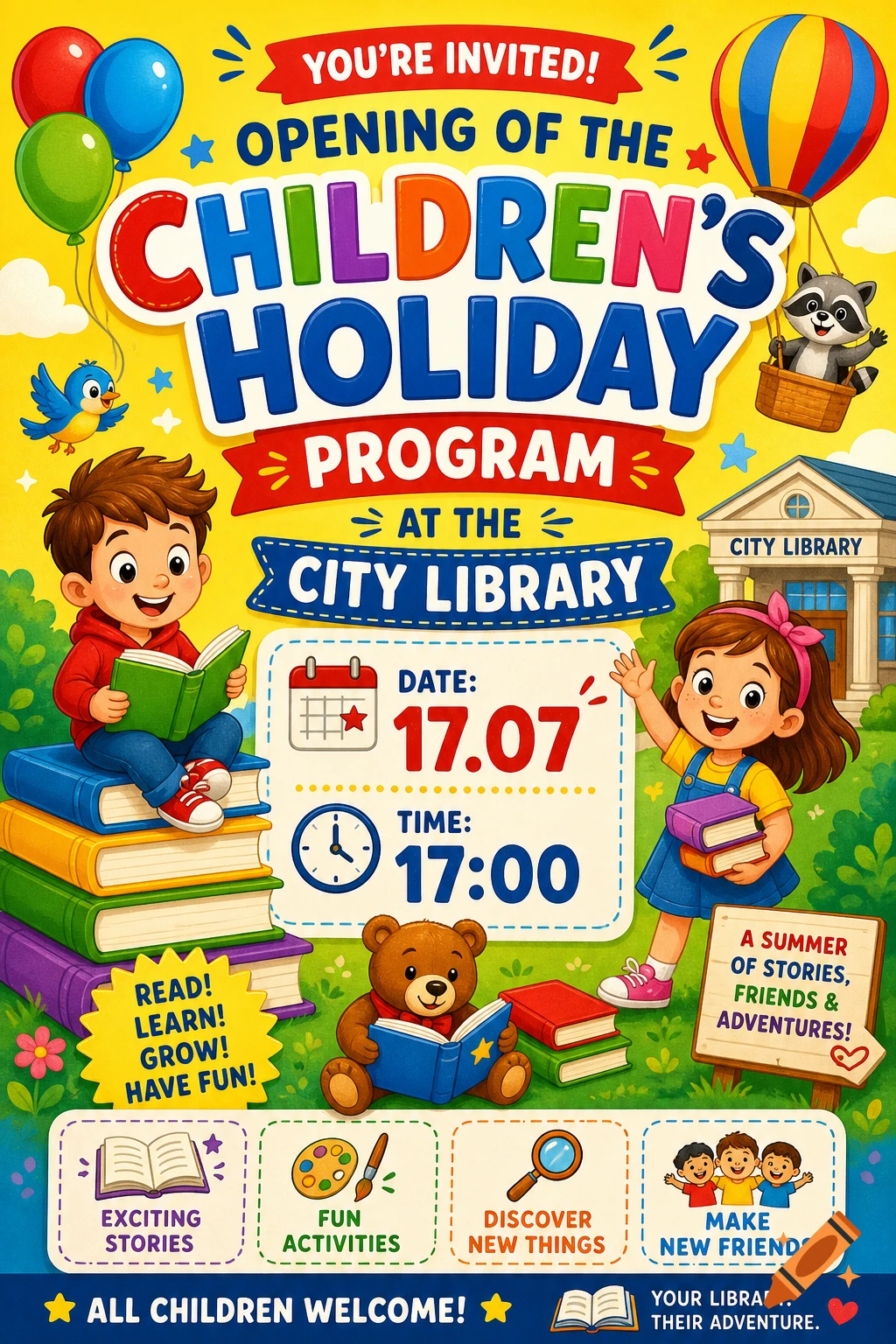 A colorful cartoon poster for a children's holiday program at a city library, featuring kids, animals, books, and balloons.