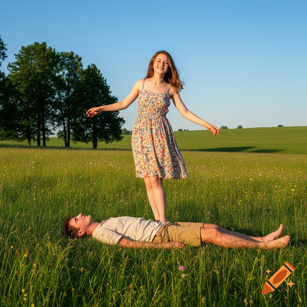 A young woman stands on the back of a man lying in a sunny green meadow with trees in the background.