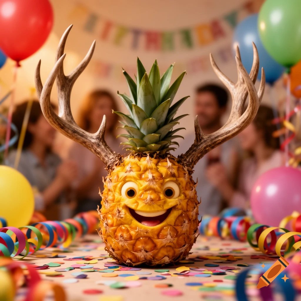 A happy anthropomorphic pineapple with deer antlers smiles at a birthday party, surrounded by confetti and balloons.