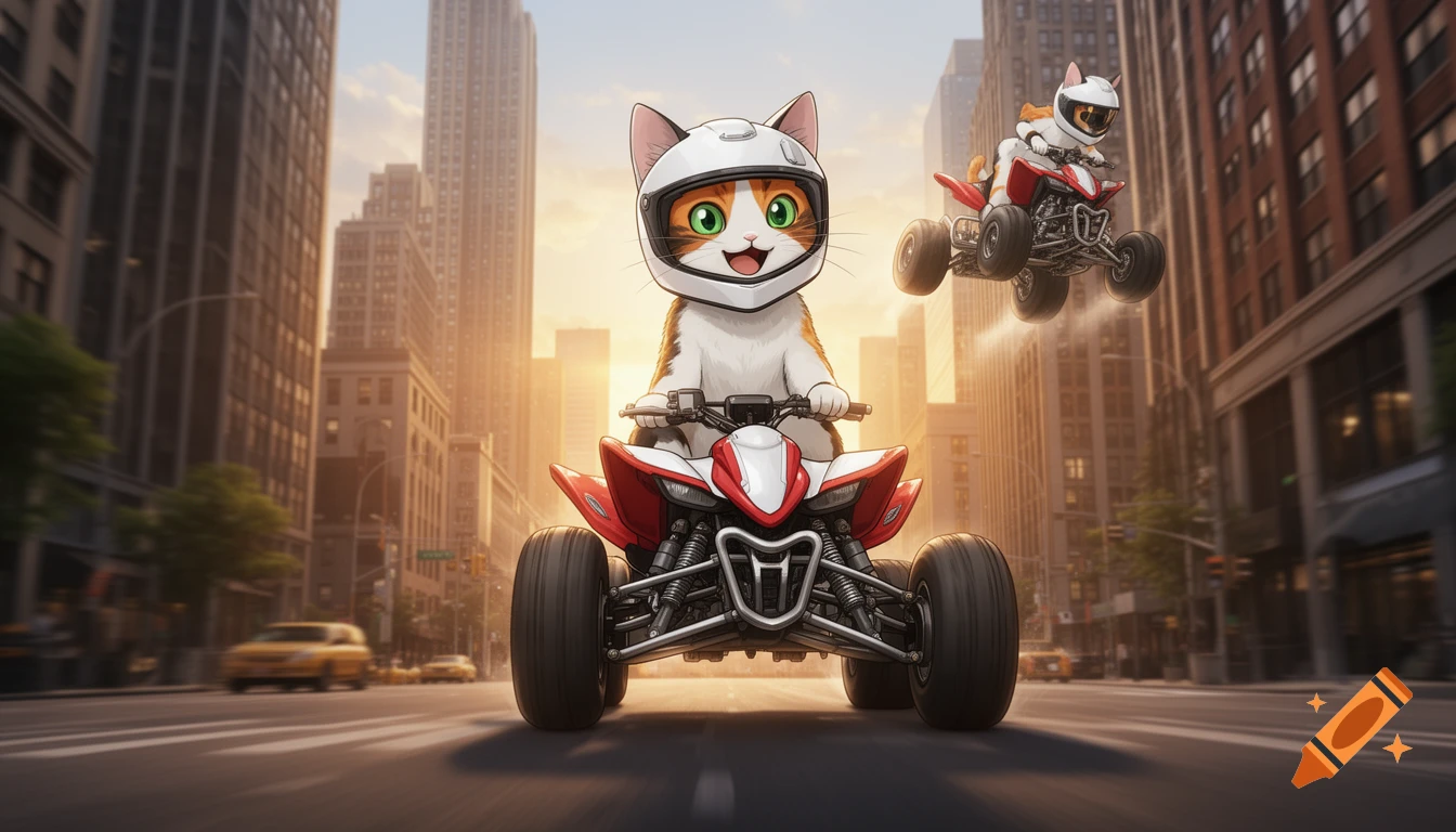 Happy cartoon cat in white helmet riding a red ATV on a city street, another cat flying an ATV. Golden hour, city skyscrapers.