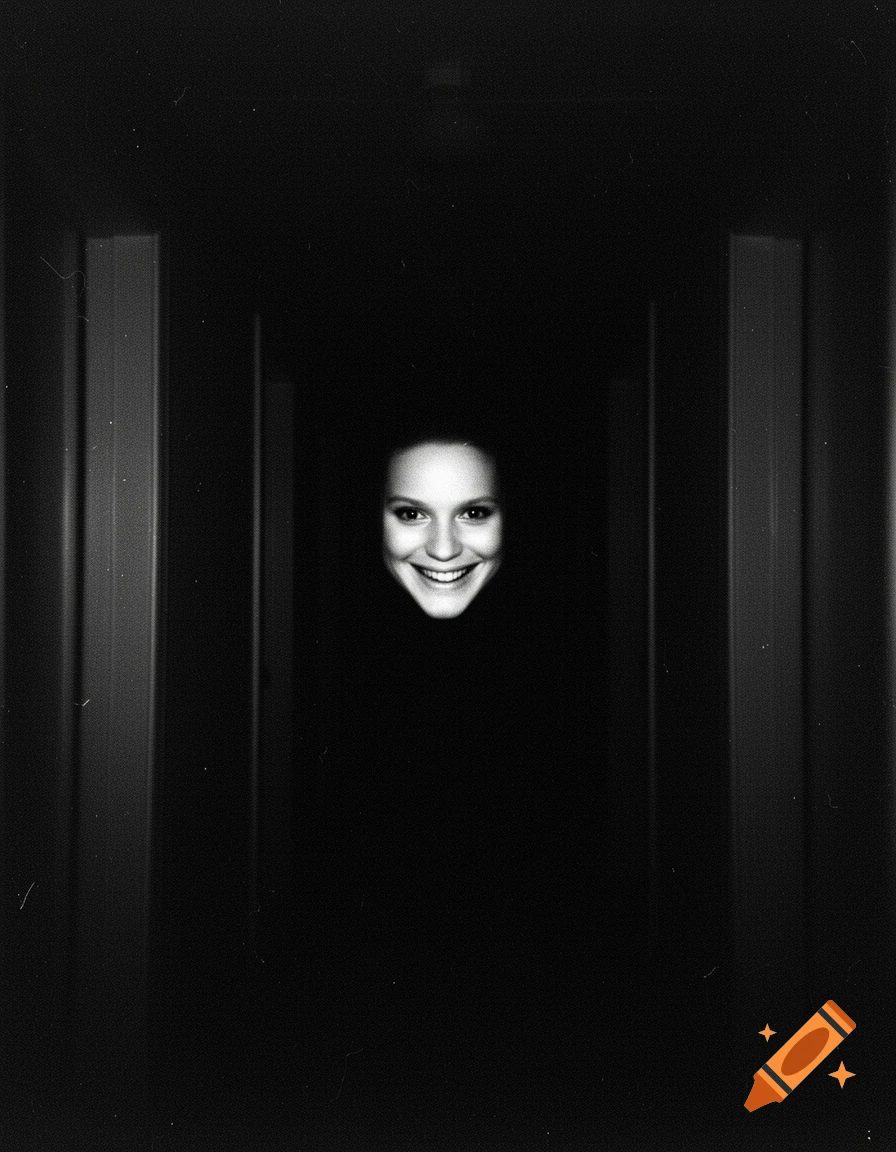 A creepy smiling white face in black and white emerges from a dark, grainy hallway, its body not visible.