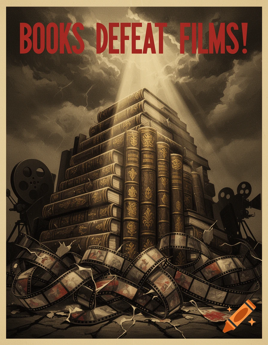 A dramatic propaganda poster shows a towering pyramid of books, illuminated by light, standing over broken film reels and movie cameras, with the text 'BOOKS DEFEAT FILMS!'
