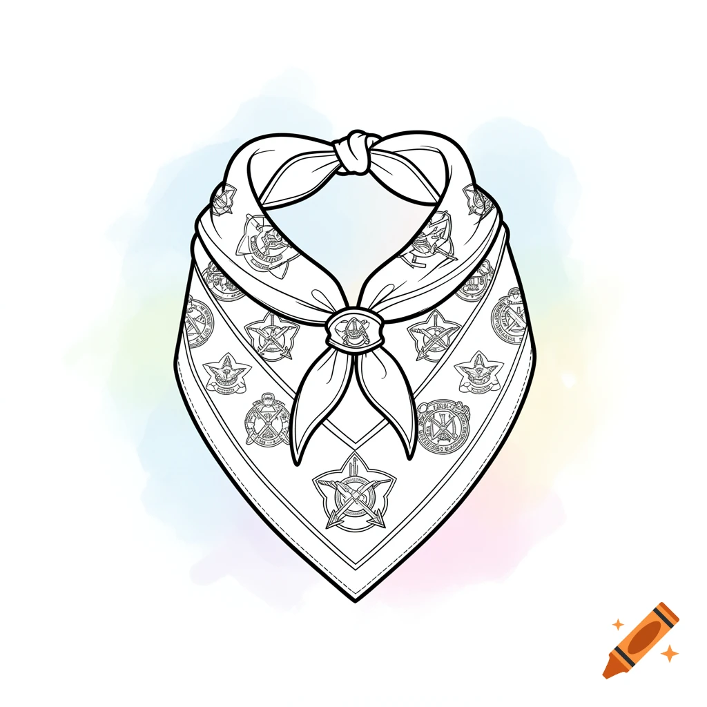 Black and white line art illustration of a scout neckerchief with various emblems, suitable for coloring, against a faint watercolor background.