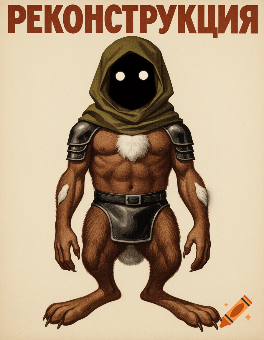 Soviet-style poster of a hooded, anthropomorphic rabbit creature with glowing eyes, bare chest, furred limbs, and armor, with the text "РЕКОНСТРУКЦИЯ" at the top.