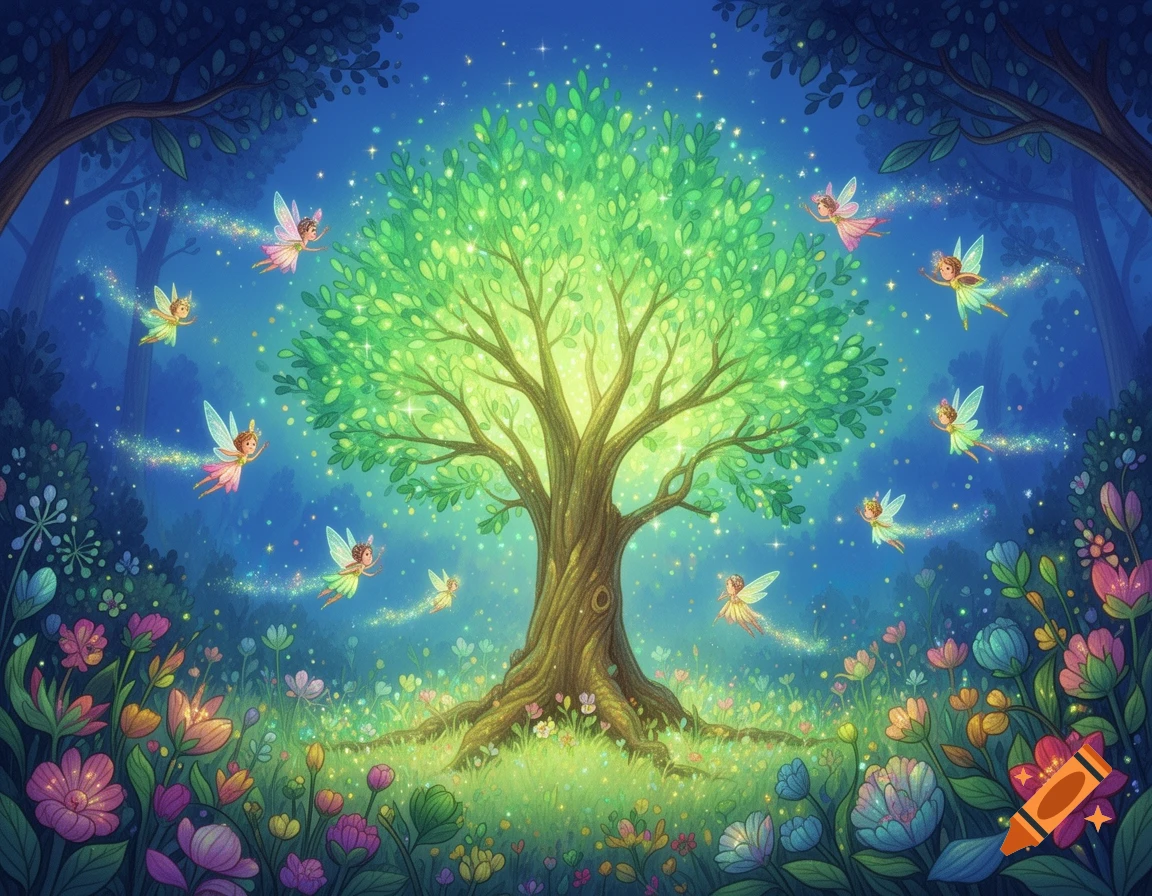 A whimsical storybook illustration of a magical glowing tree with tiny fairies flying in a vibrant forest with colorful flowers.