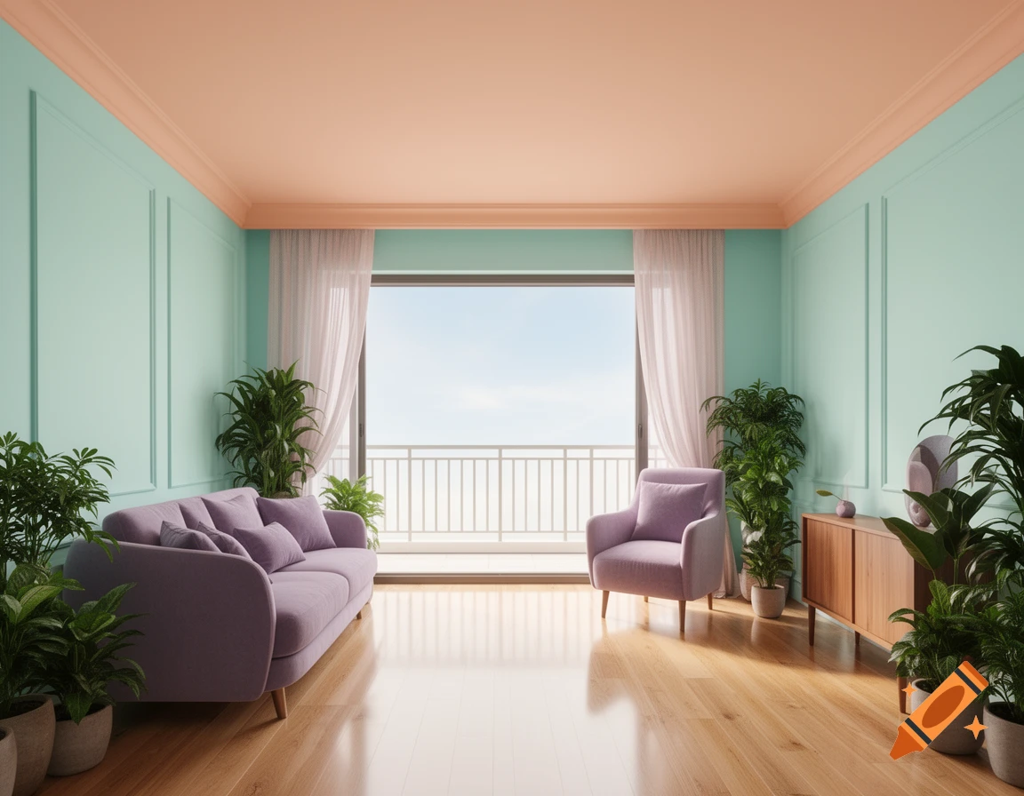 Spacious pastel-toned living room with mint green walls, peach ceiling, lavender sofa and armchair, potted plants, and a balcony.