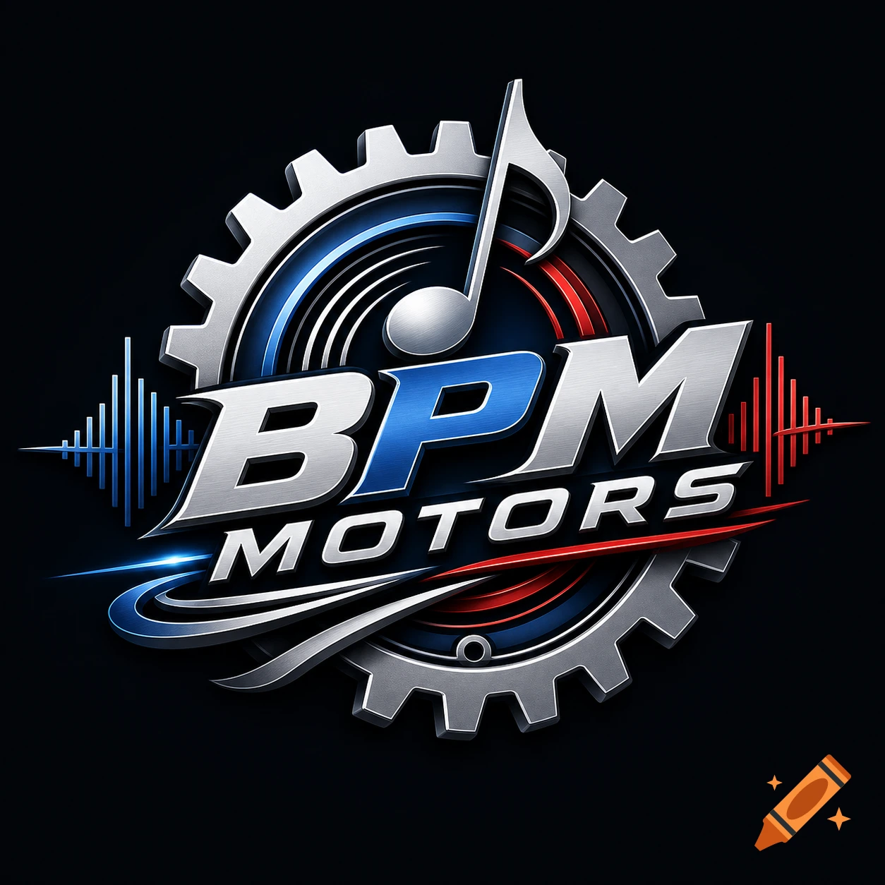 Metallic, stylized BPM MOTORS logo featuring a gear, musical note, and blue and red sound wave graphics on a black background.