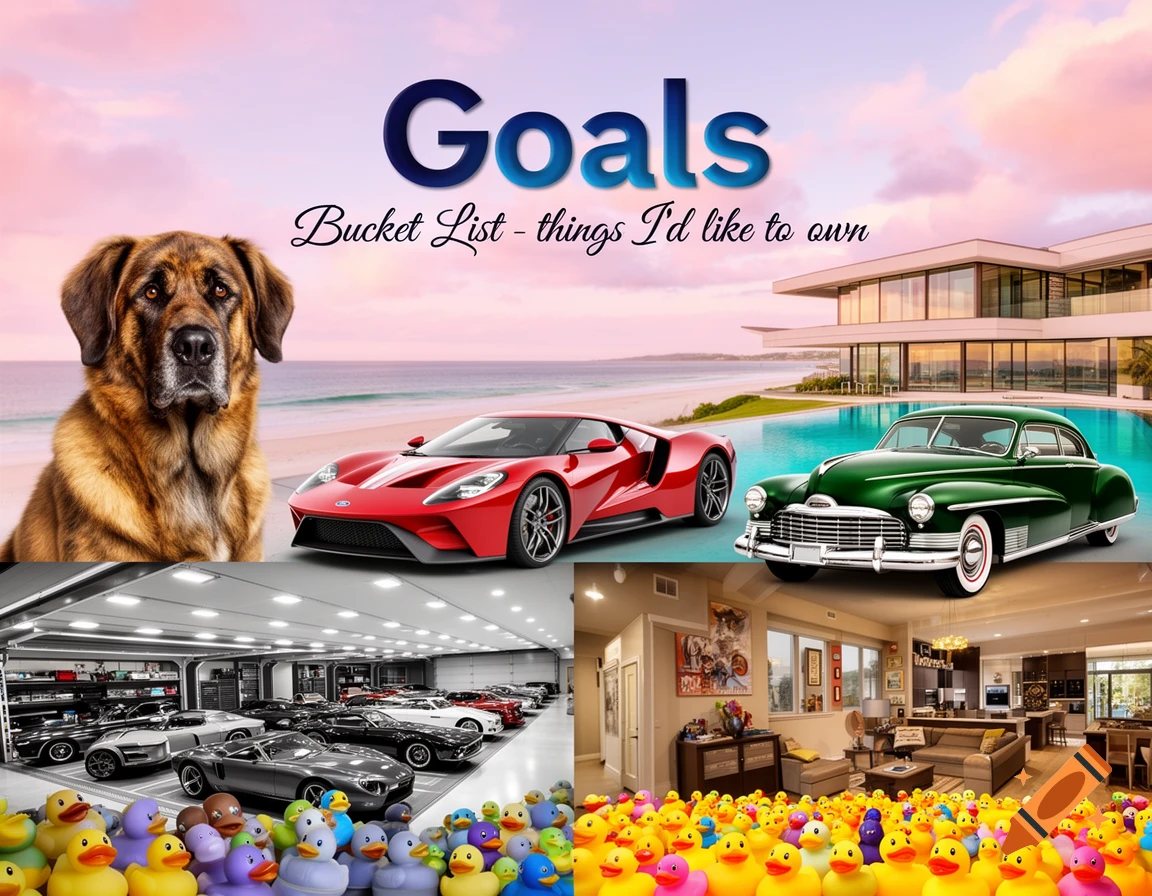 A collage showing a dog, luxury cars, a beach house, a car-filled garage, and rubber ducks, with 'Goals Bucket List' text.