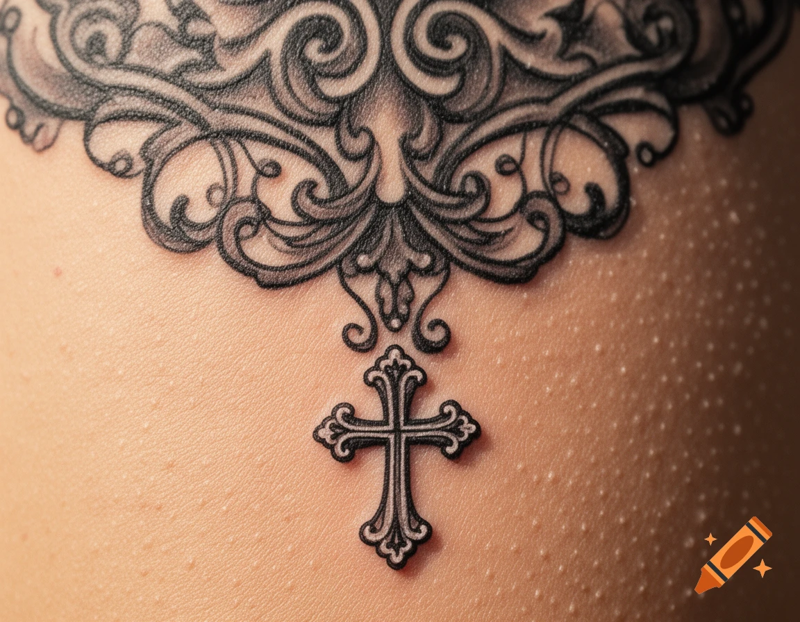 Close-up of a black ornamental tattoo featuring a cross design on human skin.